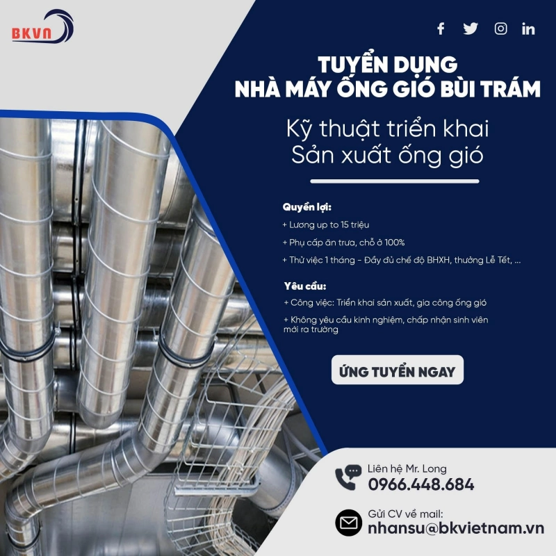 Tuyển dụng kỹ thuật triển khai sản xuất ống gió tại Bùi Trám – Hoà Bình